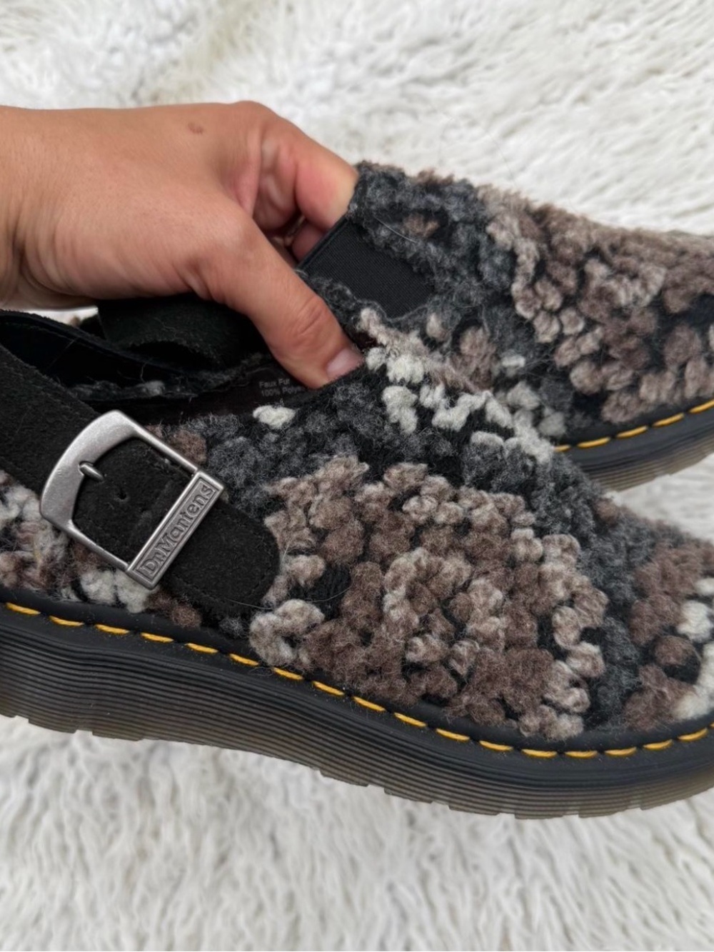 Dr. Martens Fuzzy Brown & Gray Slip-On Clog with Buckle